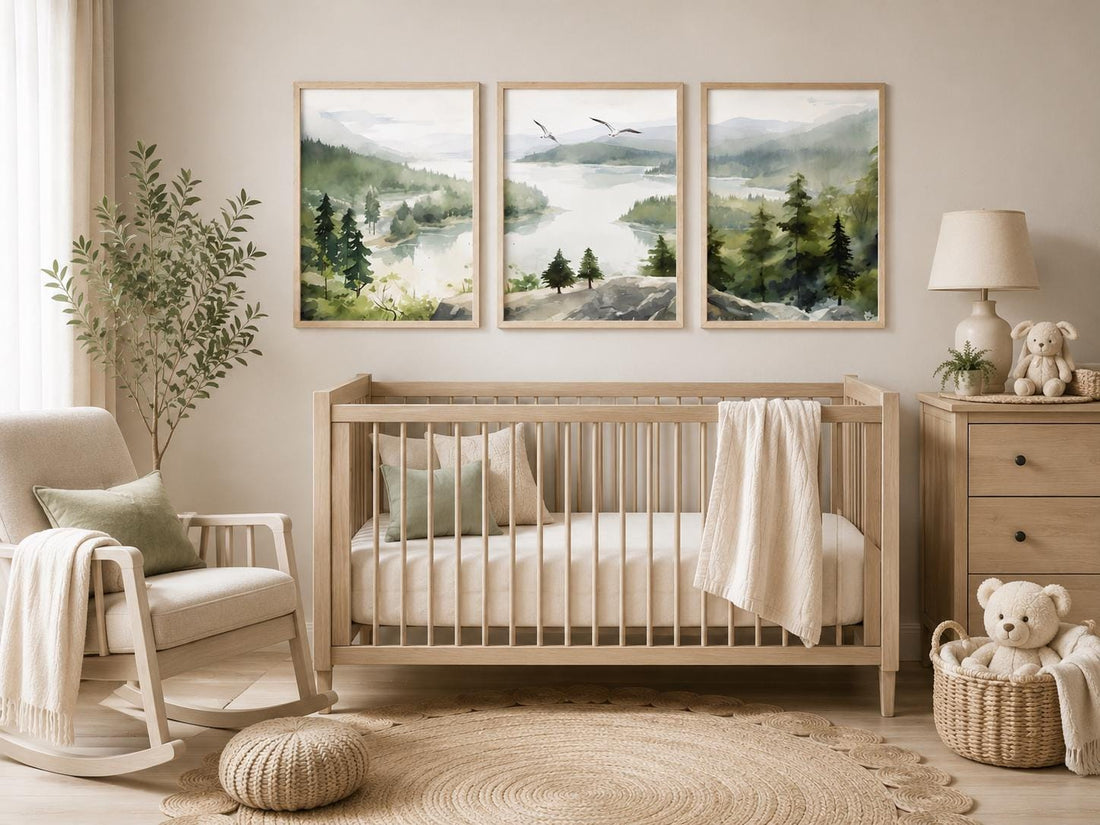 Forest Nursery Wall Art Set of 3, Woodland Landscape Prints, Green Nursery