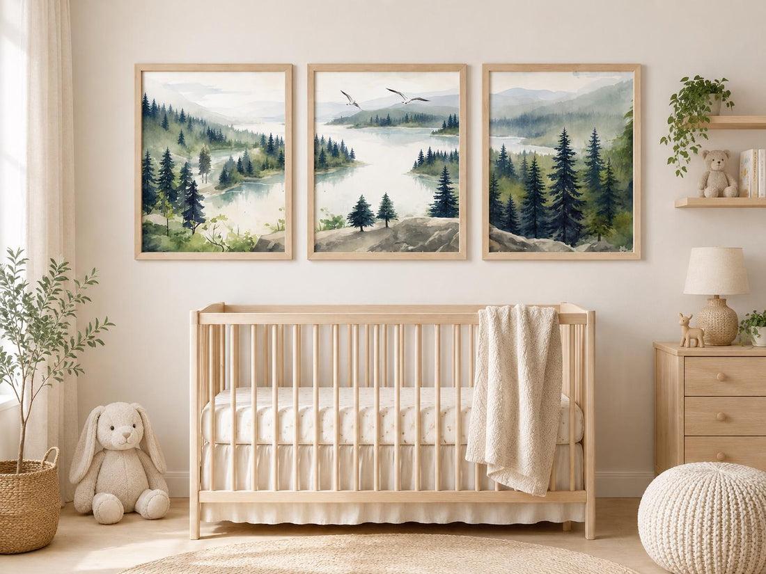 Forest Nursery Wall Art Set of 3, Woodland Landscape Prints, Green Nursery