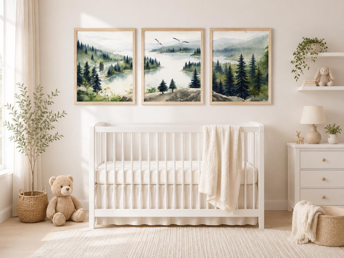 Forest Nursery Wall Art Set of 3, Woodland Landscape Prints, Green Nursery