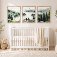 Forest Nursery Wall Art Set of 3, Woodland Landscape Prints, Green Nursery