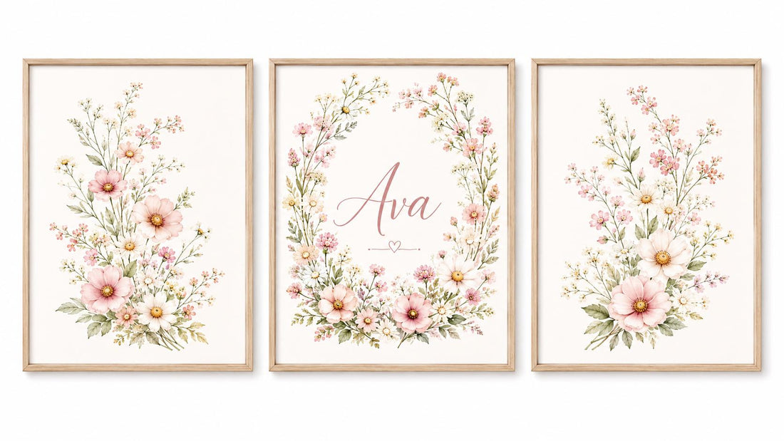 Personalized Floral Nursery Wall Art Set of 3, Pink Wildflower Baby Girl Room