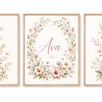 Personalized Floral Nursery Wall Art Set of 3, Pink Wildflower Baby Girl Room