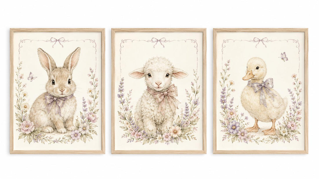 Bunny Lamb Duck Nursery Wall Art Set of 3, Floral Farm Animal Print