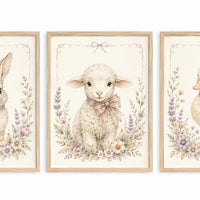Bunny Lamb Duck Nursery Wall Art Set of 3, Floral Farm Animal Print