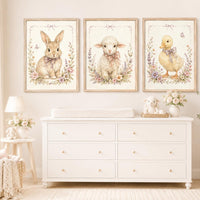 Bunny Lamb Duck Nursery Wall Art Set of 3, Floral Farm Animal Print