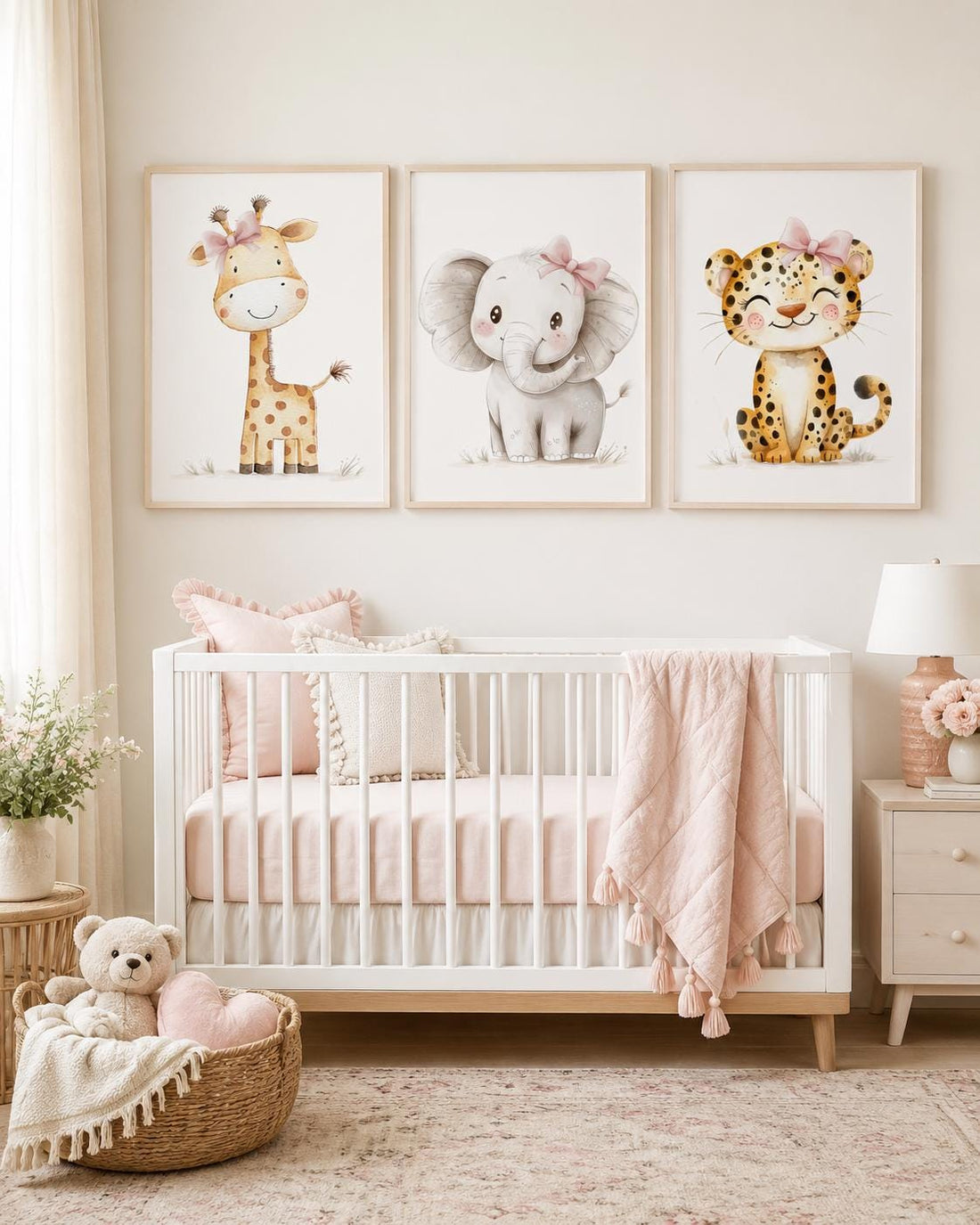 Safari Nursery Wall Art Set of 3, Girl Nursery Prints, Giraffe Elephant Leopard