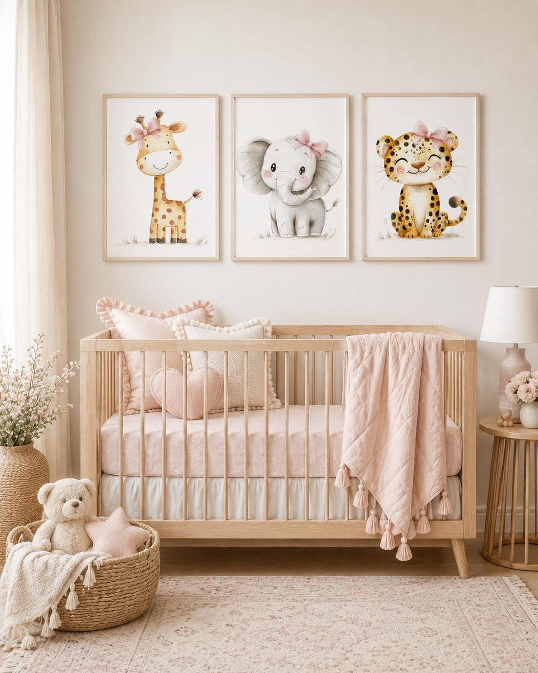 Safari Nursery Wall Art Set of 3, Girl Nursery Prints, Giraffe Elephant Leopard