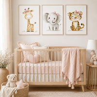Safari Nursery Wall Art Set of 3, Girl Nursery Prints, Giraffe Elephant Leopard