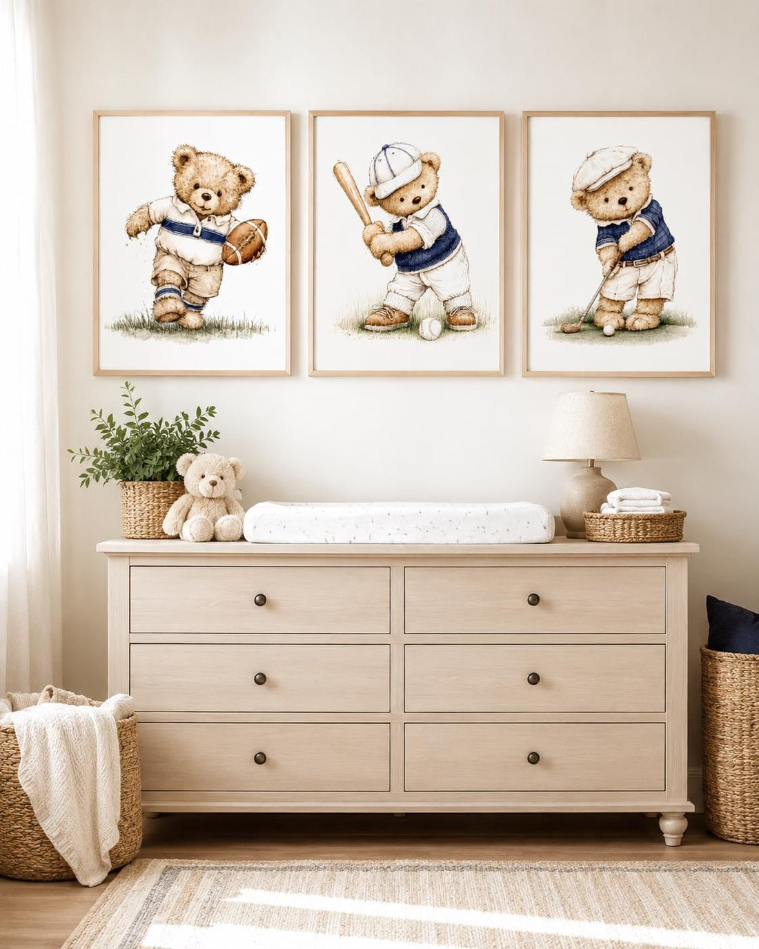 Navy Sports Teddy Bear Nursery Wall Art Set of 3, Boy Nursery Prints