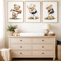 Navy Sports Teddy Bear Nursery Wall Art Set of 3, Boy Nursery Prints