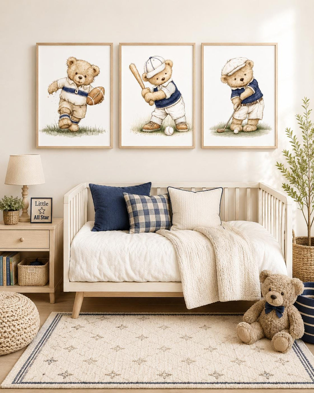 Navy Sports Teddy Bear Nursery Wall Art Set of 3, Boy Nursery Prints