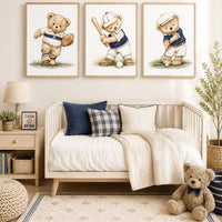 Navy Sports Teddy Bear Nursery Wall Art Set of 3, Boy Nursery Prints
