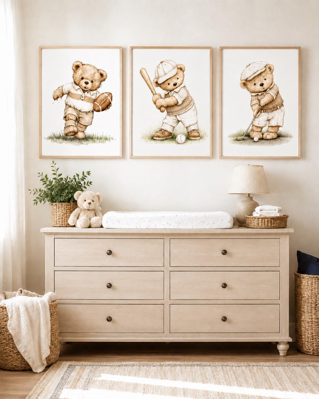 Neutral Sports Bear Nursery Wall Art Set of 3, Baby Boy Sports Print