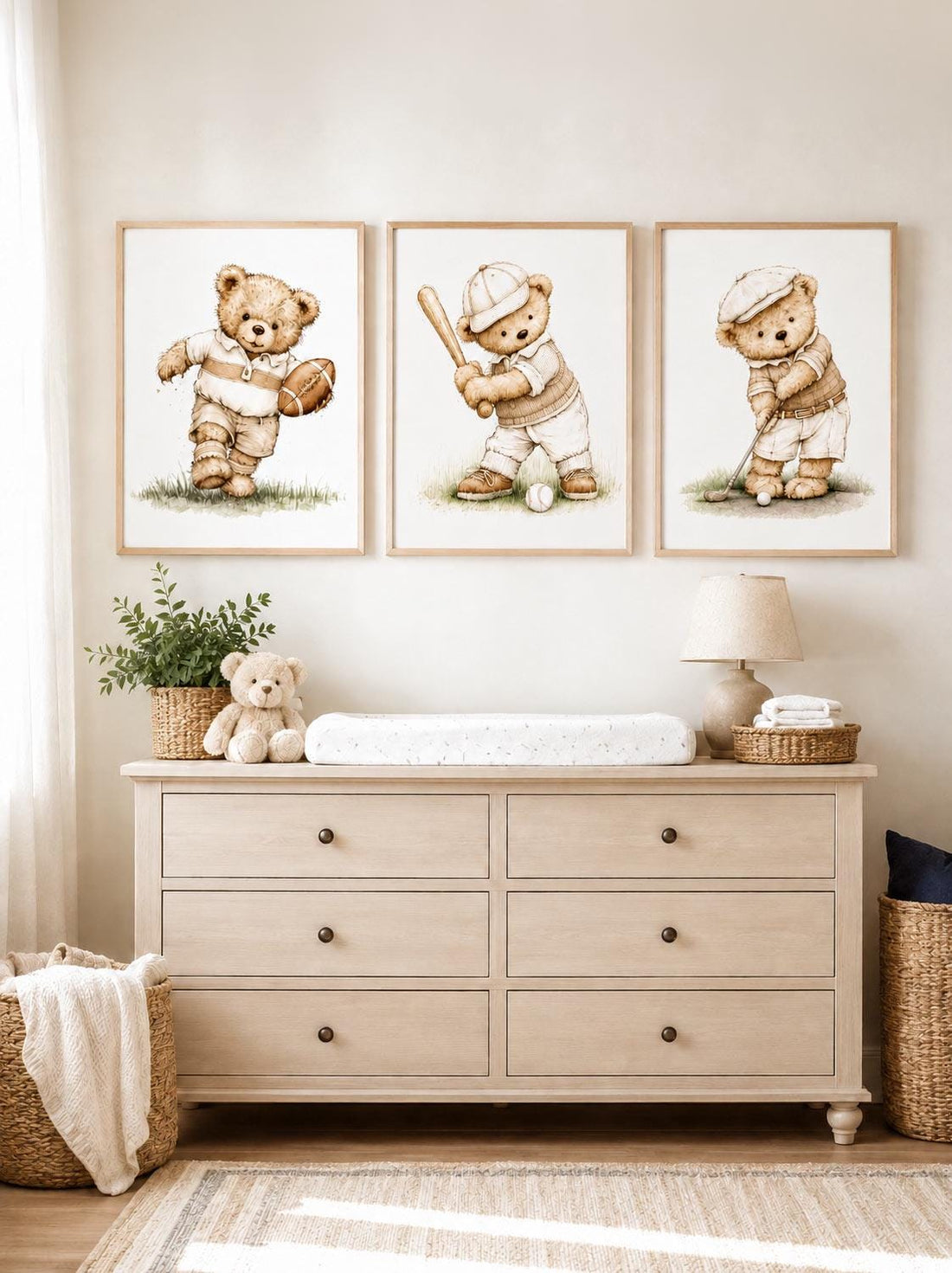 Neutral Sports Bear Nursery Wall Art Set of 3, Baby Boy Sports Print