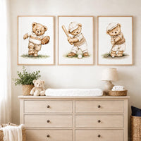 Neutral Sports Bear Nursery Wall Art Set of 3, Baby Boy Sports Print