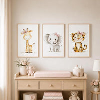 Safari Nursery Wall Art Set of 3, Girl Nursery Prints, Giraffe Elephant Leopard