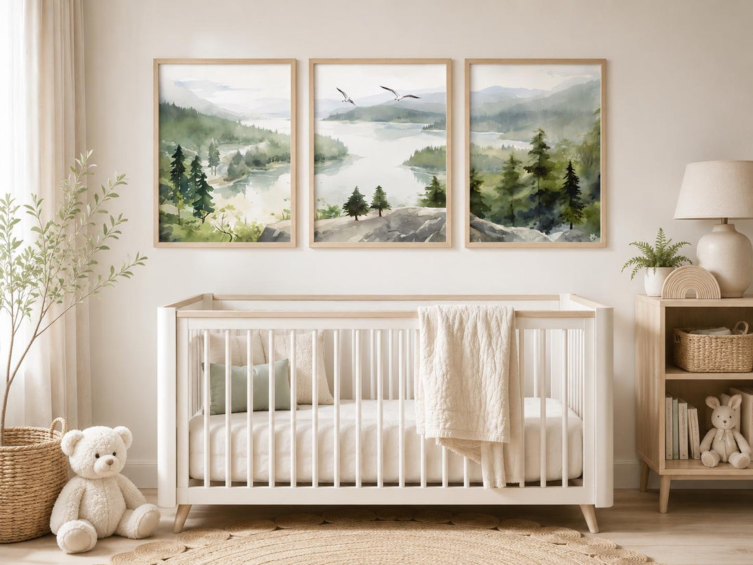 Forest Nursery Wall Art Set of 3, Woodland Landscape Prints, Green Nursery