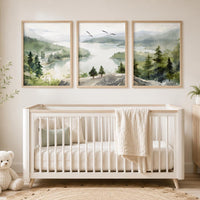 Forest Nursery Wall Art Set of 3, Woodland Landscape Prints, Green Nursery