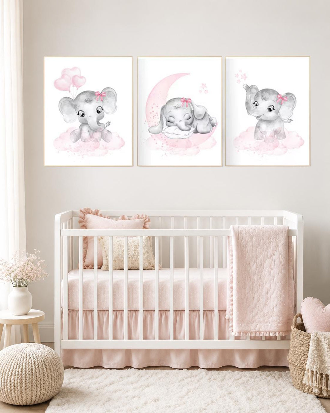 Elephant Nursery Art: Pink & Gray Baby Girl Prints