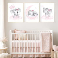 Elephant Nursery Art: Pink & Gray Baby Girl Prints