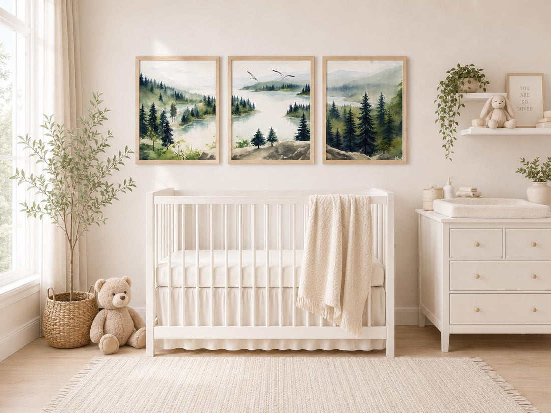Forest Nursery Wall Art Set of 3, Woodland Landscape Prints, Green Nursery