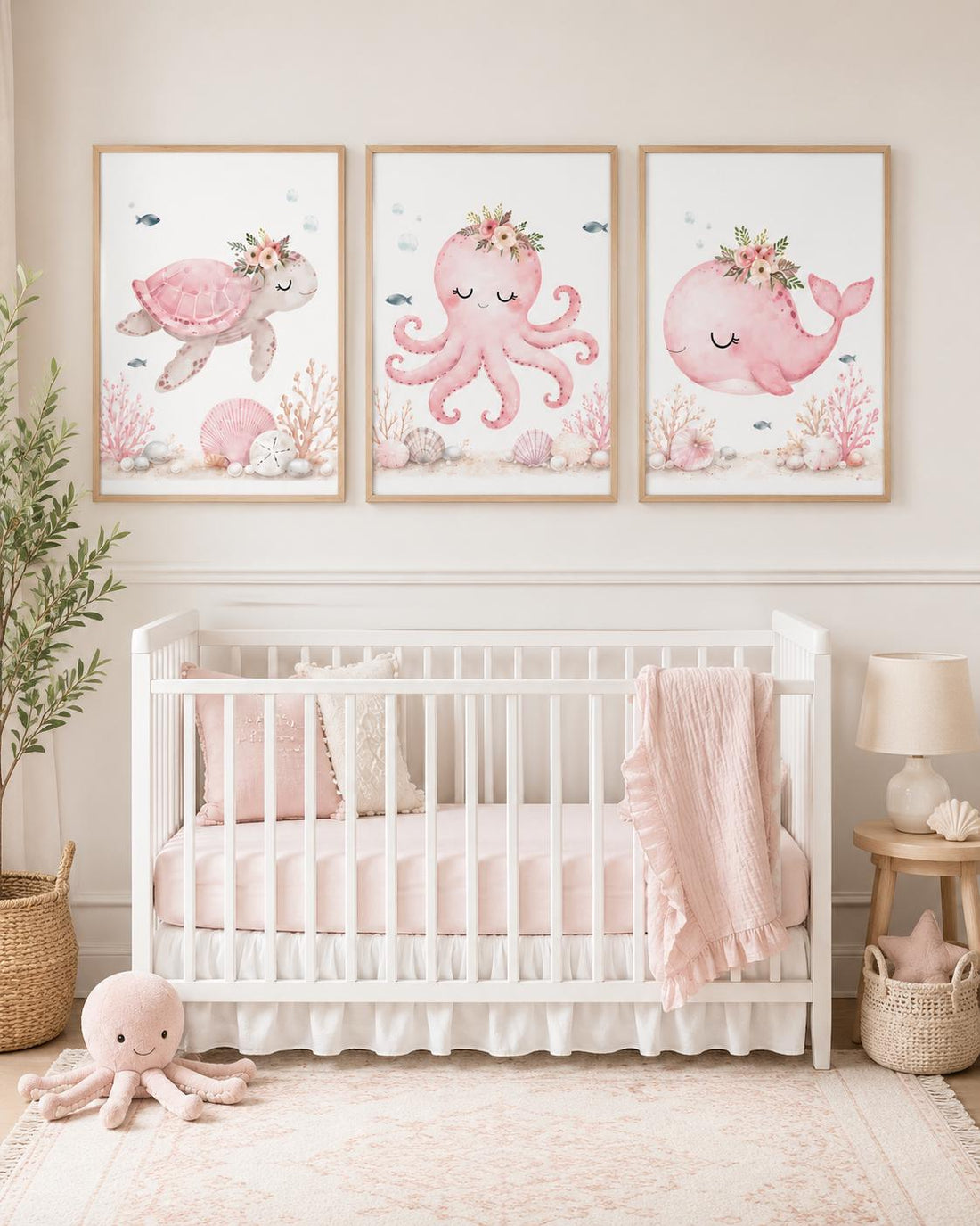 Pink Ocean Nursery Wall Art Set of 3, Sea Turtle Octopus Whale Prints
