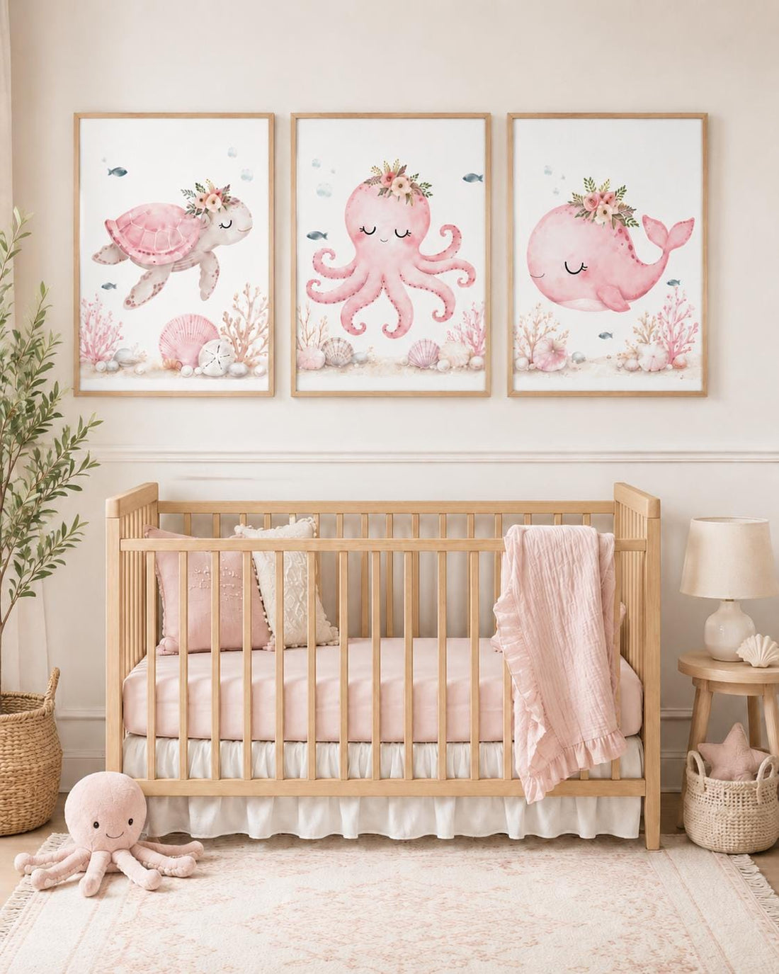 Pink Ocean Nursery Wall Art Set of 3, Sea Turtle Octopus Whale Prints