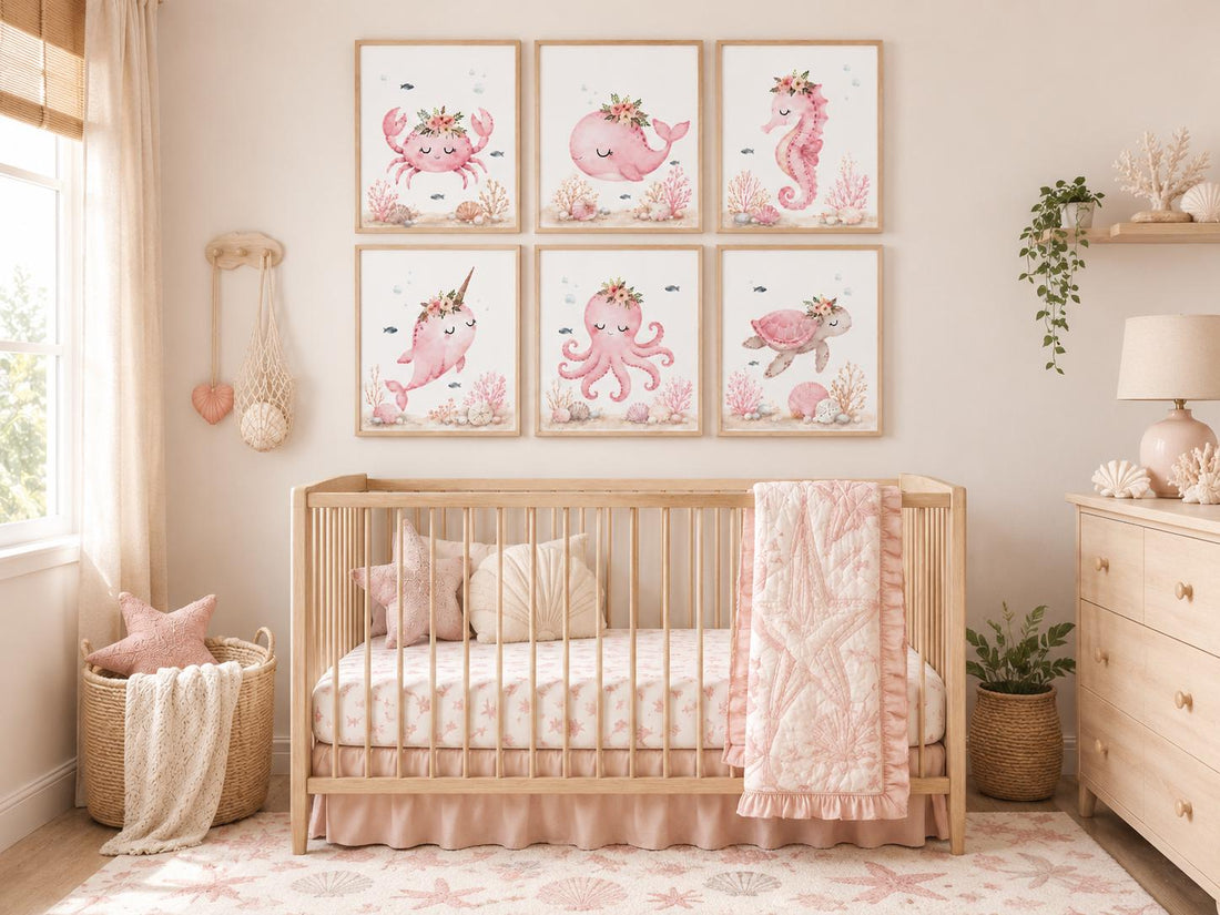 Pink Ocean Nursery Wall Art Set of 6, Coastal Baby Girl Room Decor