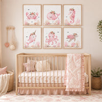 Pink Ocean Nursery Wall Art Set of 6, Coastal Baby Girl Room Decor