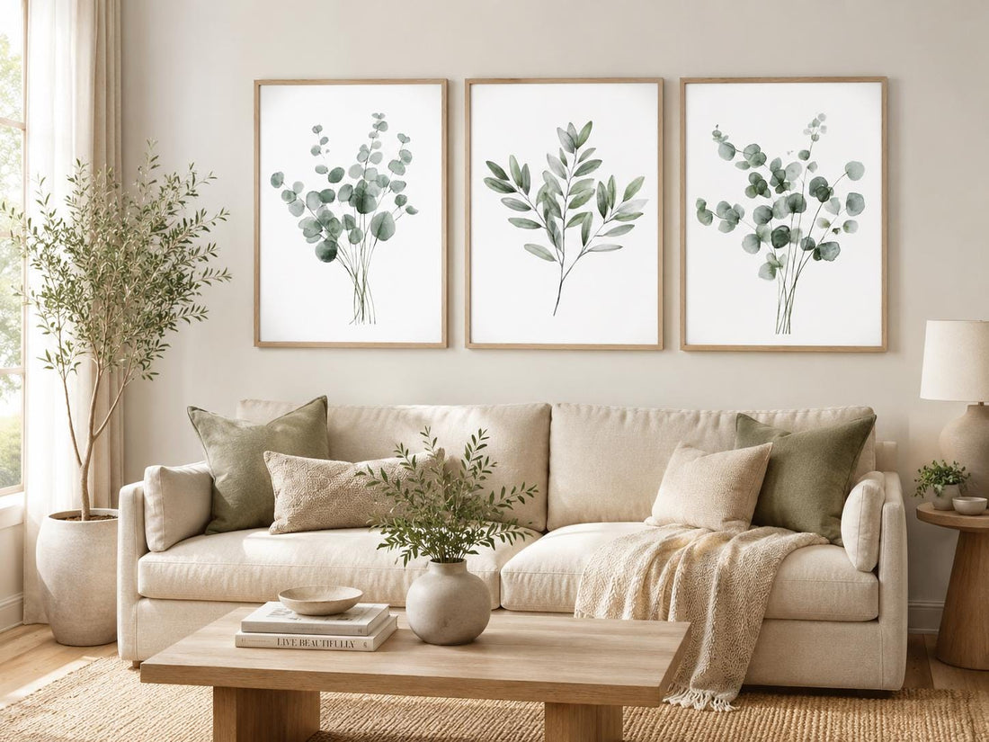 Botanical Wall Art Set of 3, Green Eucalyptus Prints, Minimalist Plant Wall Decor