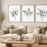 Botanical Wall Art Set of 3, Green Eucalyptus Prints, Minimalist Plant Wall Decor