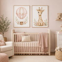 Blush Pink Hot Air Balloon Giraffe Nursery Art Set, Watercolor Safari Baby Prints