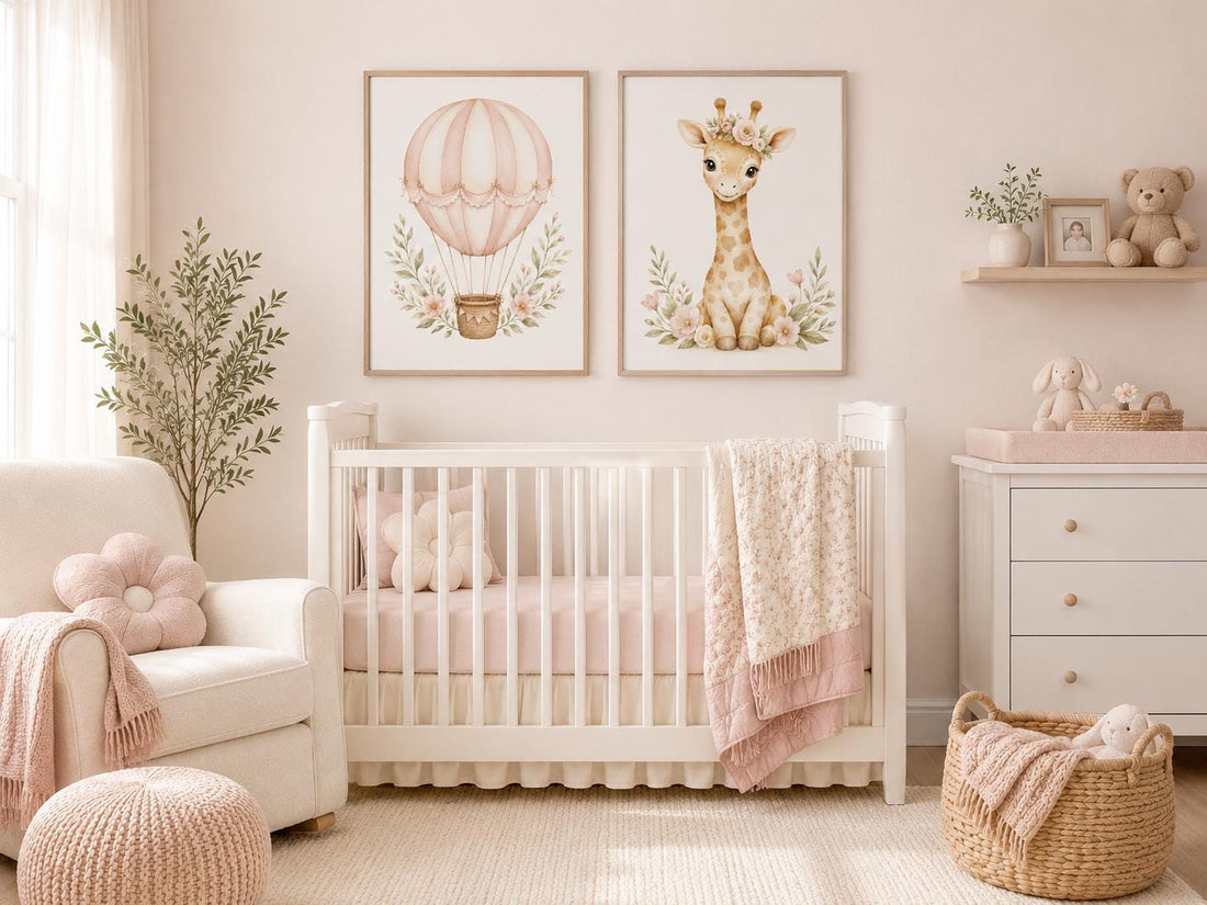 Blush Pink Hot Air Balloon Giraffe Nursery Art Set, Watercolor Safari Baby Prints