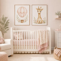 Blush Pink Hot Air Balloon Giraffe Nursery Art Set, Watercolor Safari Baby Prints