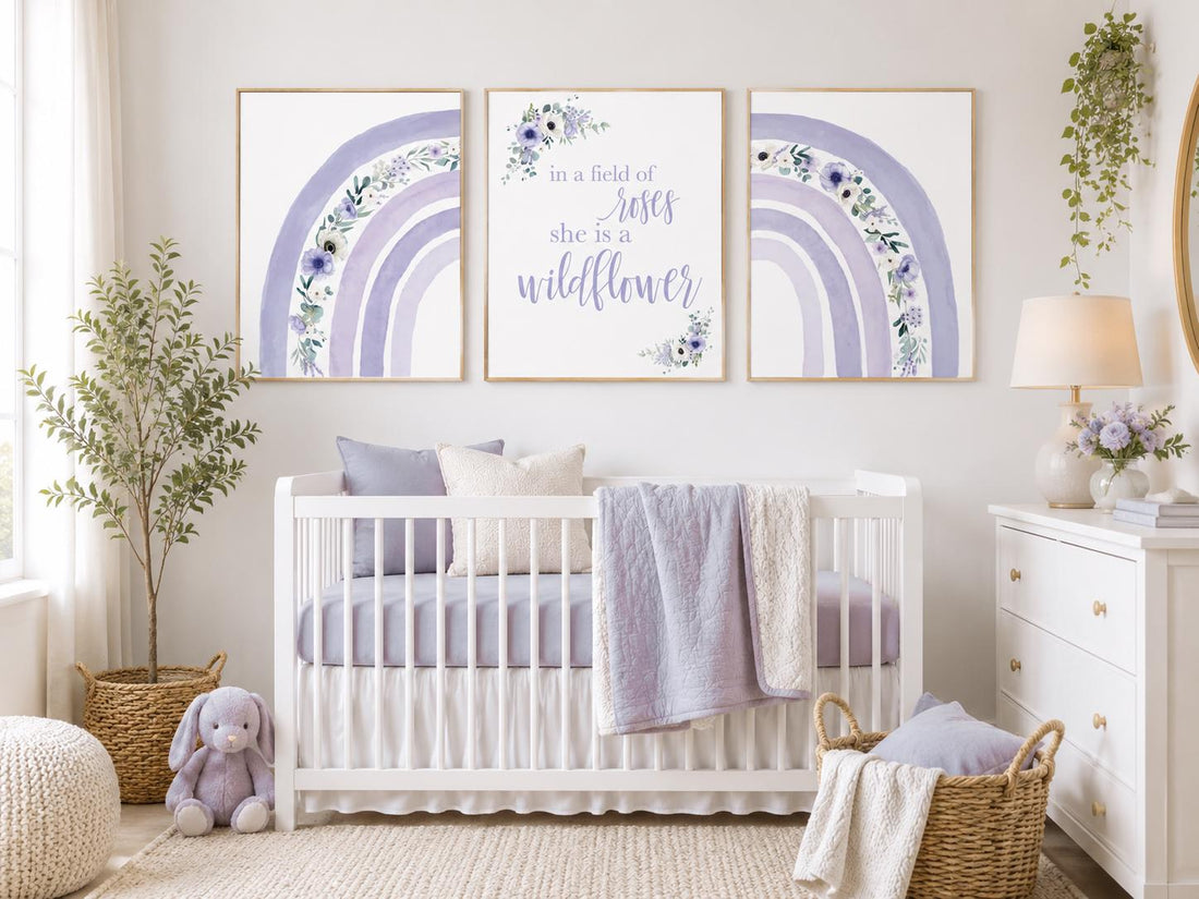 Purple Rainbow Nursery Art: Floral Girls Room Decor Print