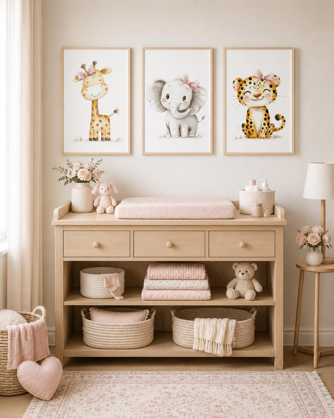 Safari Nursery Wall Art Set of 3, Girl Nursery Prints, Giraffe Elephant Leopard