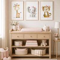 Safari Nursery Wall Art Set of 3, Girl Nursery Prints, Giraffe Elephant Leopard