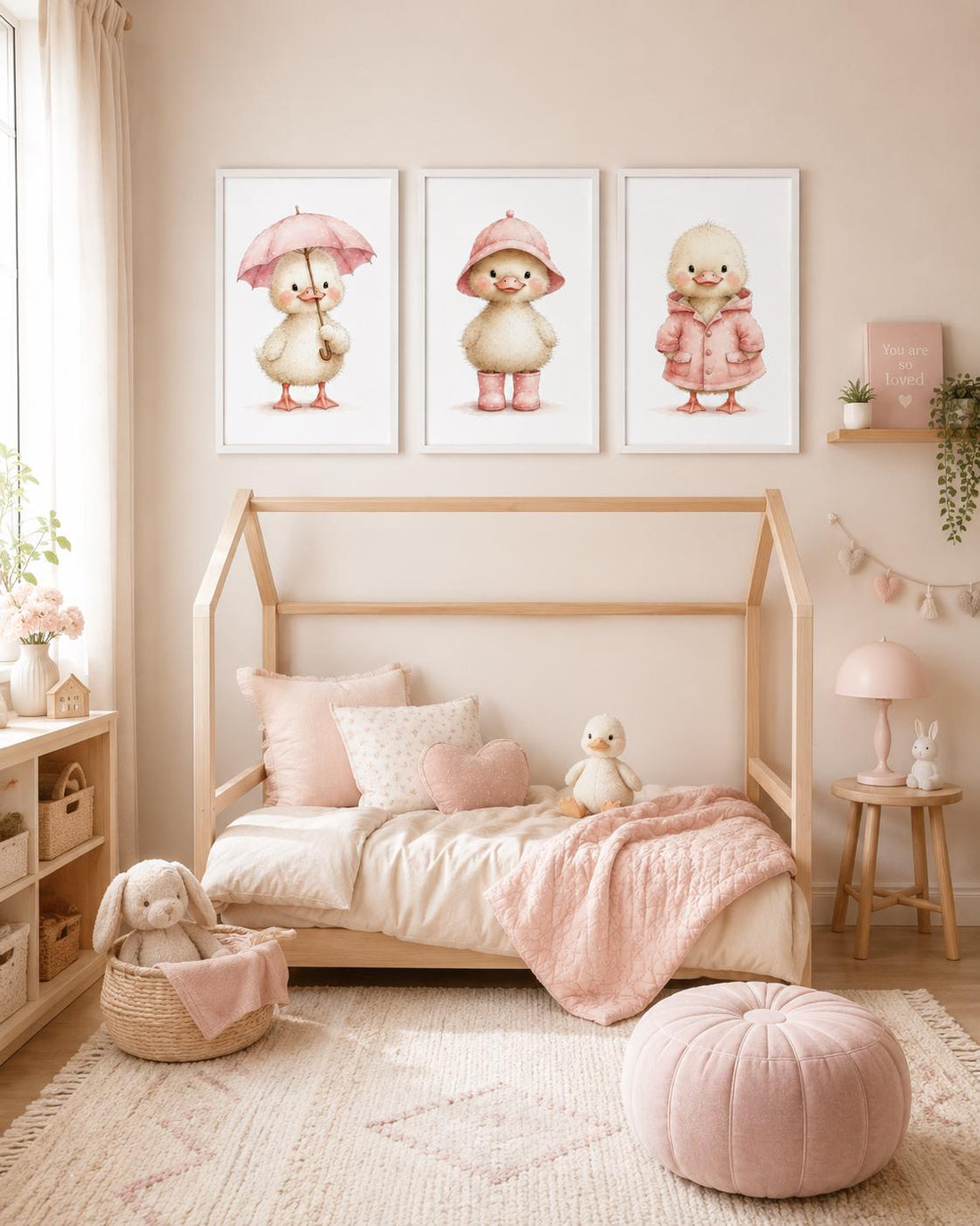 Duck Nursery Wall Art Set of 3, Pink Duckling Prints, Baby Girl Nursery Decor