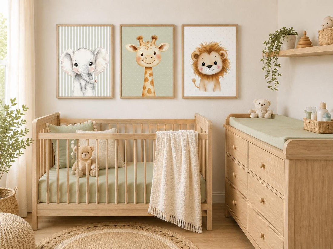 Safari Nursery Wall Art Set of 3, Elephant Giraffe Lion Prints, Sage Green