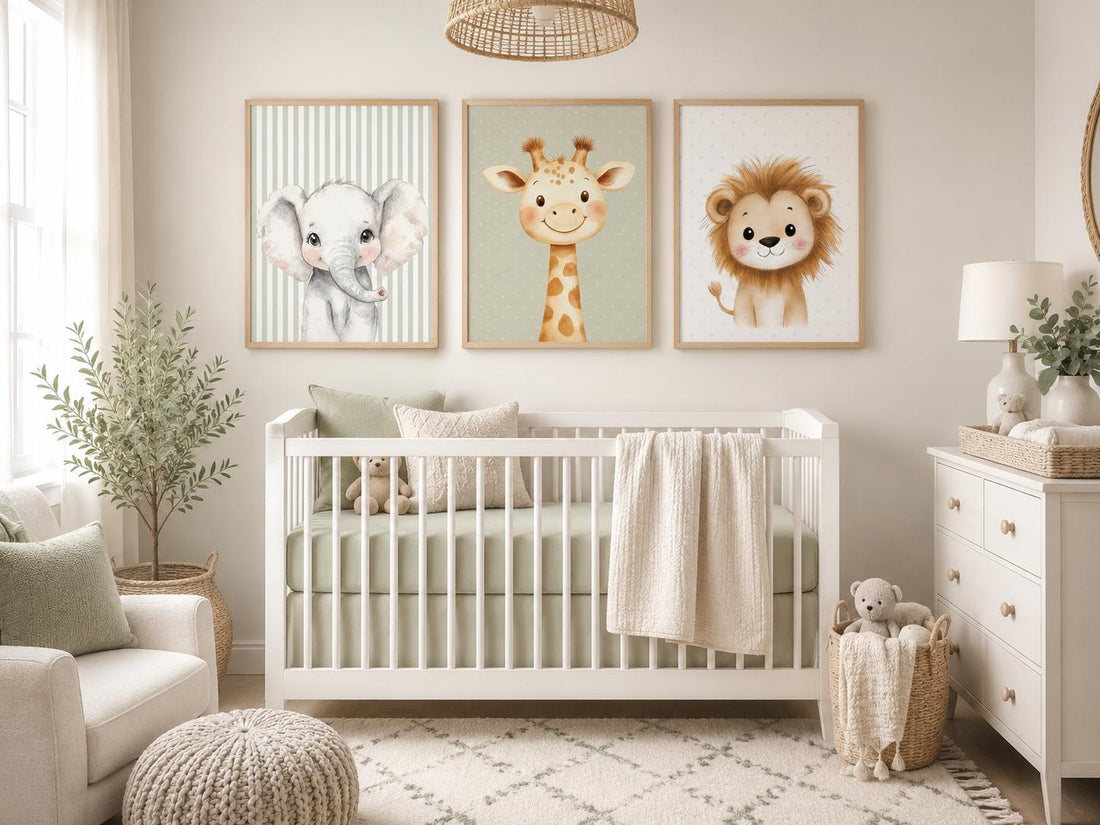 Safari Nursery Wall Art Set of 3, Elephant Giraffe Lion Prints, Sage Green