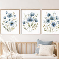 Blue Wildflower Nursery Wall Art Set of 3, Watercolor Floral Prints, Baby Girl Nursery