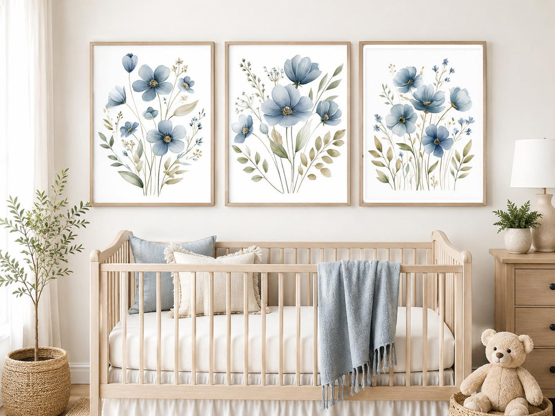 Blue Wildflower Nursery Wall Art Set of 3, Watercolor Floral Prints, Baby Girl Nursery