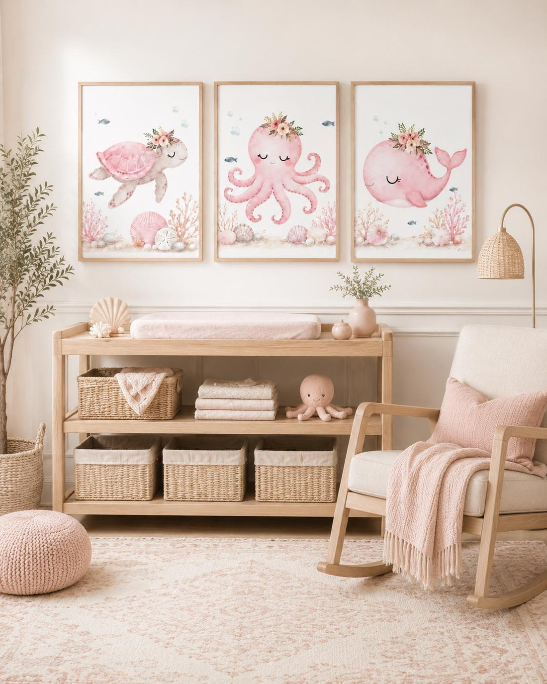 Pink Ocean Nursery Wall Art Set of 3, Sea Turtle Octopus Whale Prints