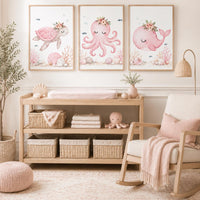 Pink Ocean Nursery Wall Art Set of 3, Sea Turtle Octopus Whale Prints