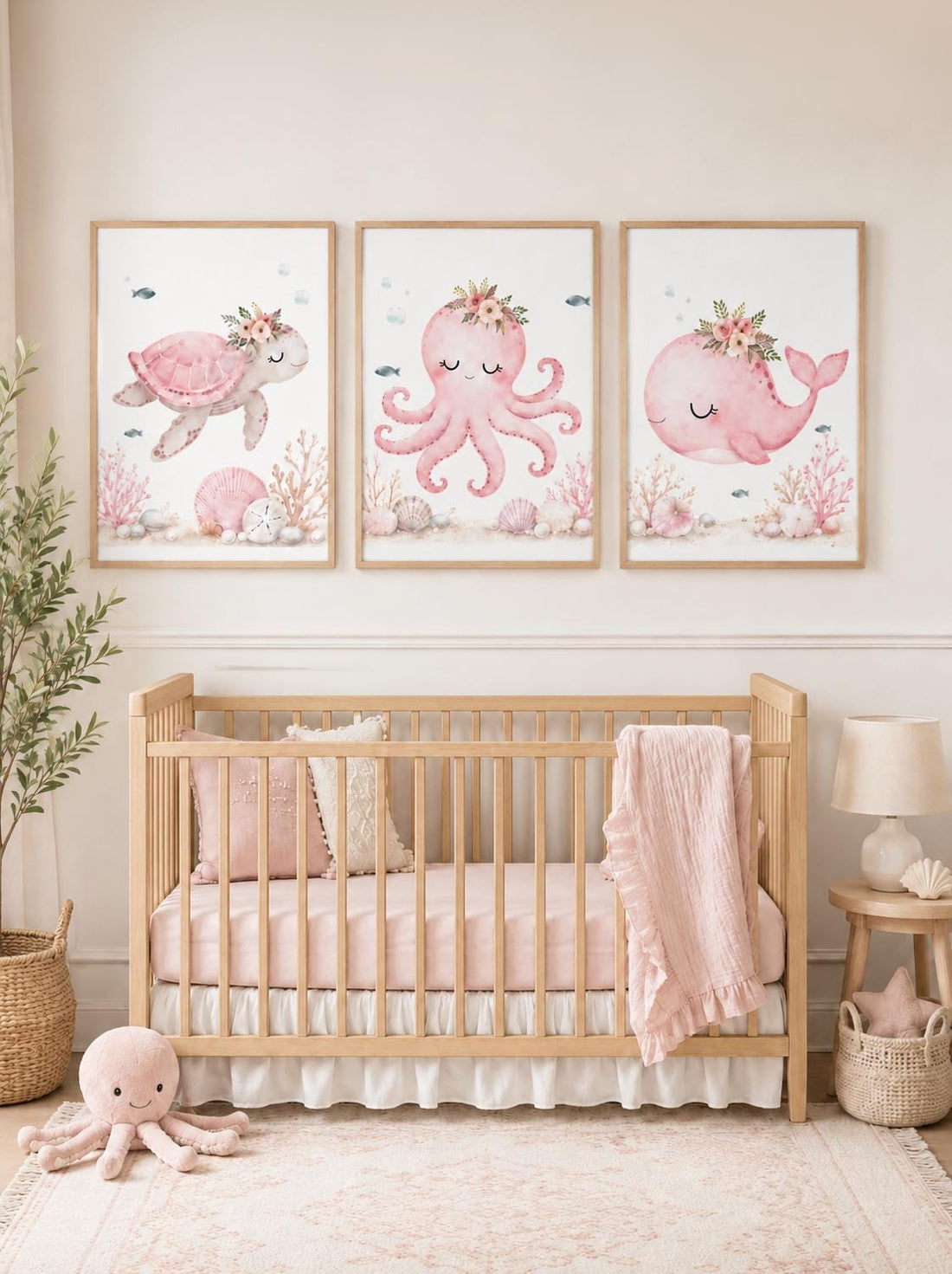 Pink Ocean Nursery Wall Art Set of 3, Sea Turtle Octopus Whale Prints