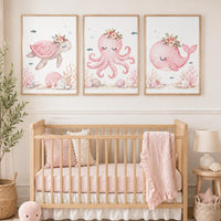 Pink Ocean Nursery Wall Art Set of 3, Sea Turtle Octopus Whale Prints