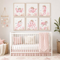 Pink Ocean Nursery Wall Art Set of 6, Coastal Baby Girl Room Decor