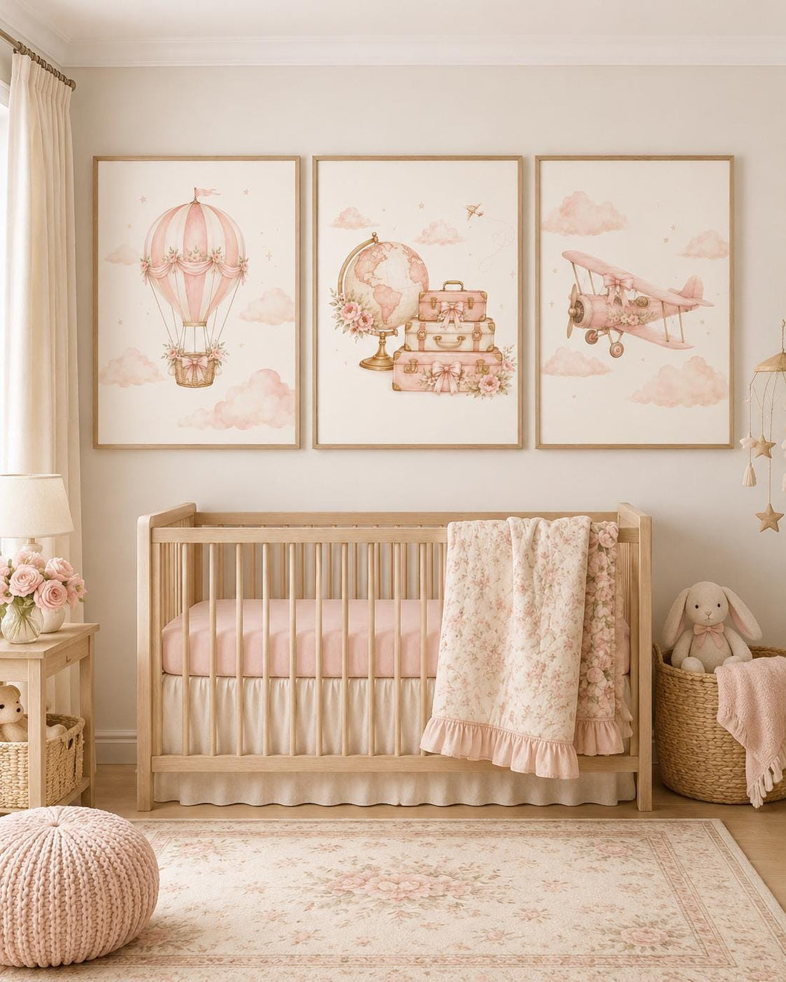 Pink Travel Nursery Wall Art Set of 3, Hot Air Balloon Airplane Globe Prints