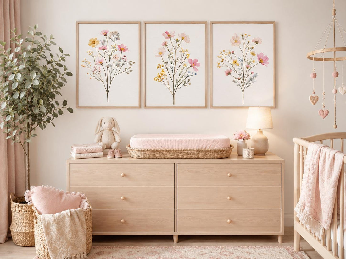 Wildflower Nursery Wall Art Set of 3, Pink Floral Baby Girl Room Decor
