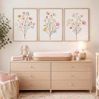 Wildflower Nursery Wall Art Set of 3, Pink Floral Baby Girl Room Decor